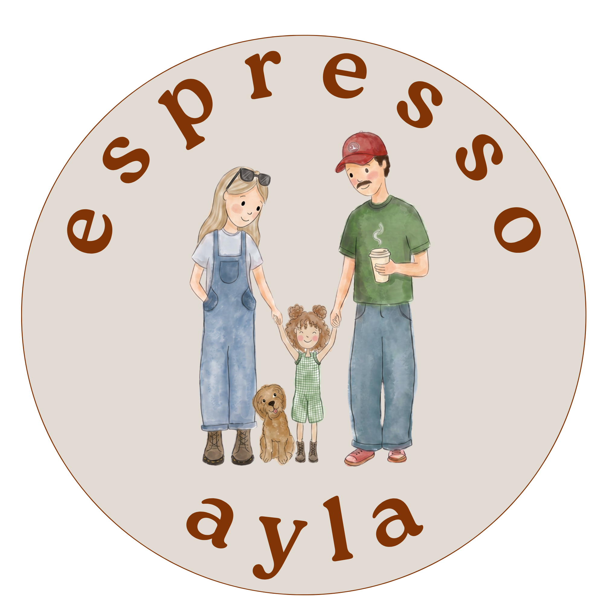 Hand drawn illustration of a family with a small girl in middle of parents and dog by her side with words 'Espresso Ayla' at top and bottom of image.