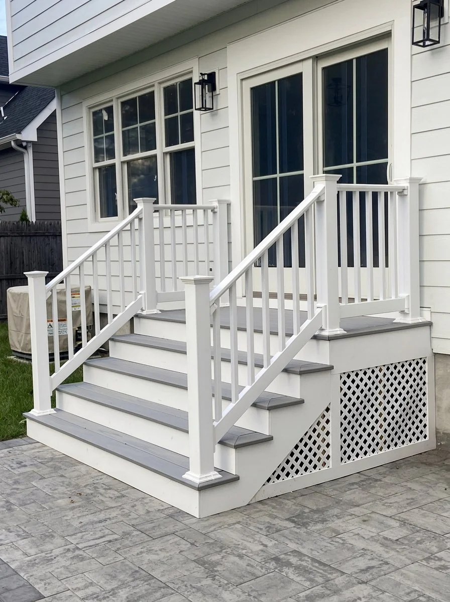 White outdoor front porch with stairs leading to sliding glass door, wooden railings, and lattice skirting, attached to a white house with large windows and black wall-mounted lights.