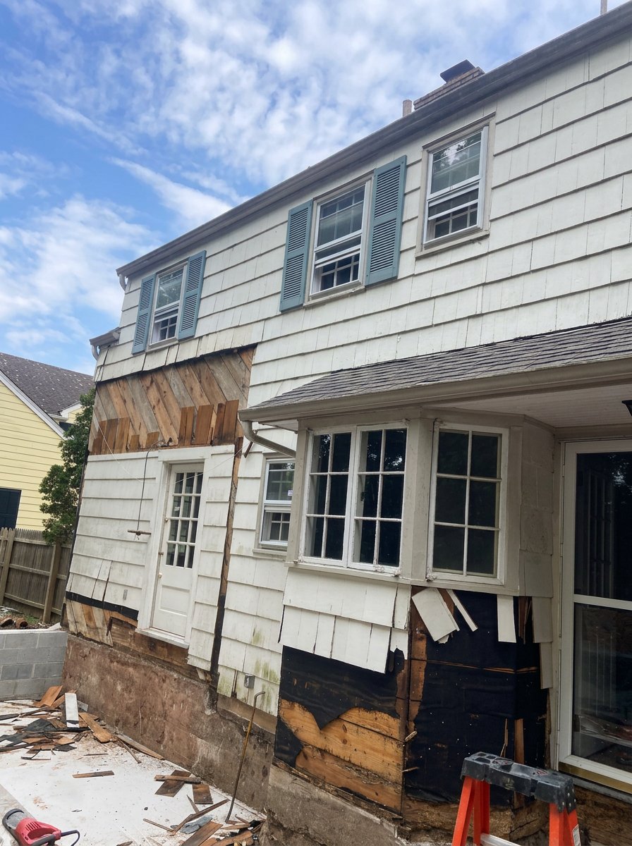 Side view of a house undergoing siding repairs with some part of the siding removed, exposing the wooden structure underneath, and a window with a bay window extension. Construction tools and debris are on the ground.