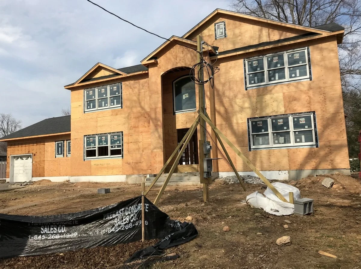 Home under construction with exterior walls covered in plywood, multiple windows installed, a garage visible on the left, and a temporary support structure in front of the entrance. Construction materials and dirt ground are present.