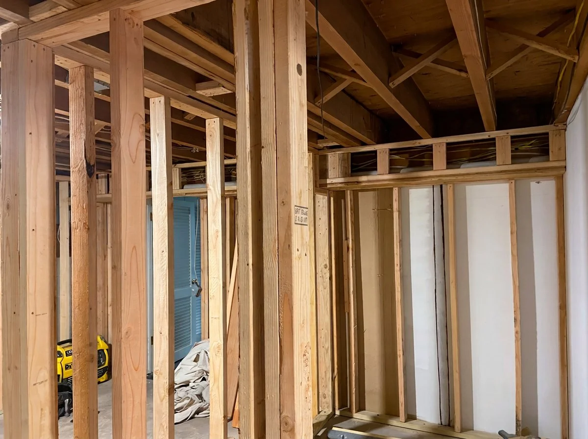 Interior of a building under construction with exposed wooden framing and ceiling beams.