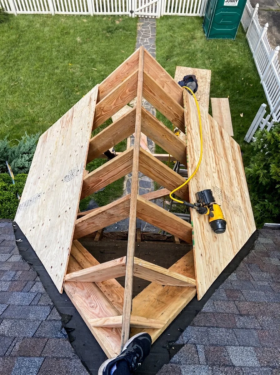 Roof construction with wooden framing and plywood sheets on a house roof, a portable light, and a person's foot visible at the bottom edge of the image.