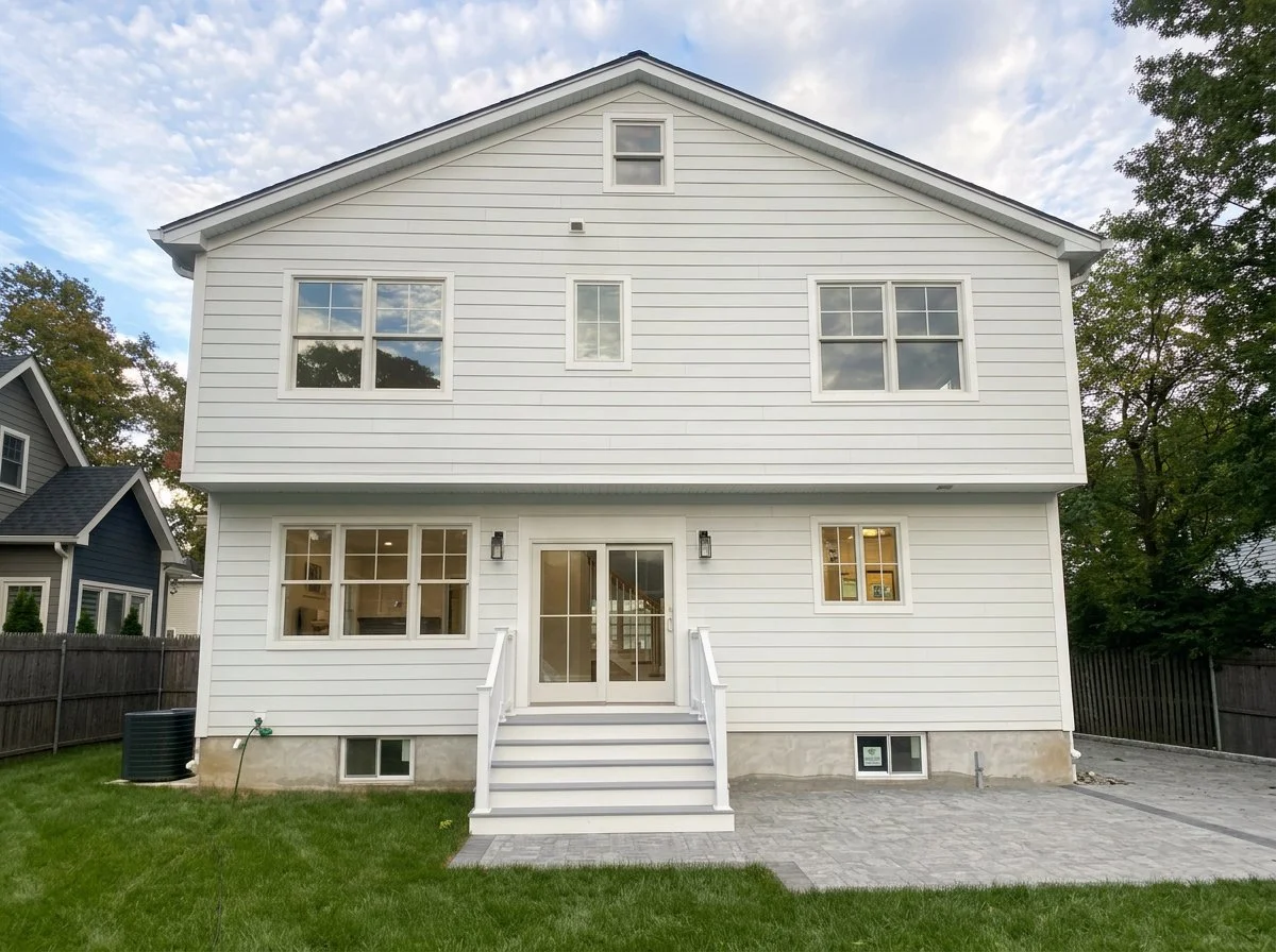 Front view of a white, two-story house with siding, multiple windows, and a small staircase leading to a sliding glass door. There is a small lawn and paved area in the backyard.