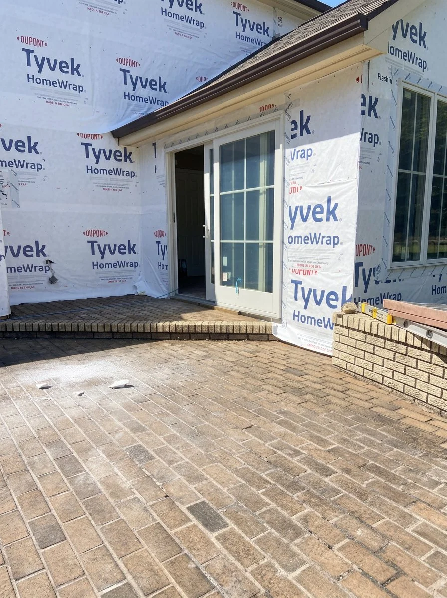 Exterior of a house under construction with brick pavers in the foreground, wrapped in Tyvek HomeWrap, featuring a sliding glass door and a small brick porch with a stepped extension