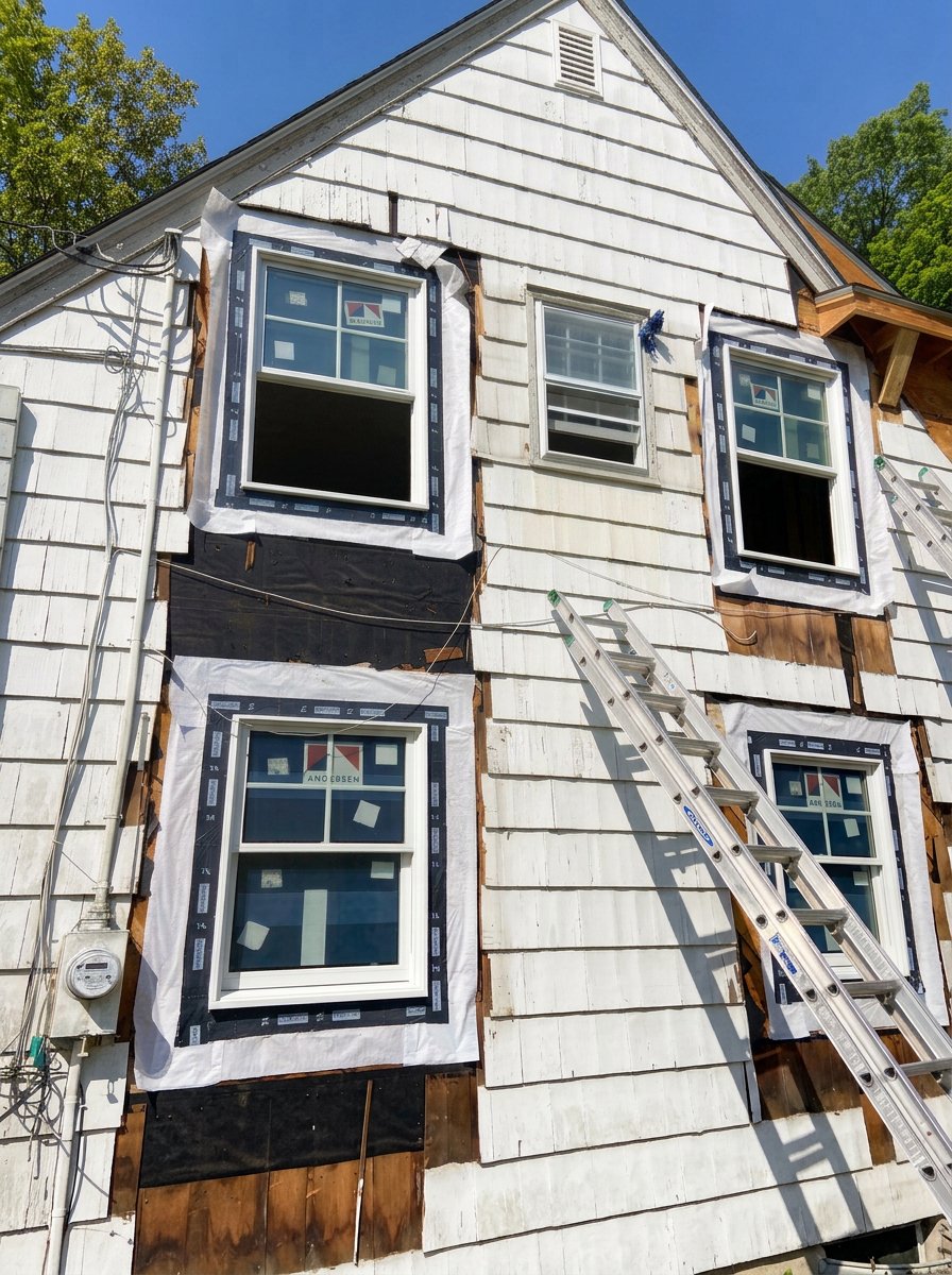 The exterior of a house under renovation with four new windows installed. The house has white siding, some sections are boarded up, and a ladder is leaning against the side. The sky is blue, and there are green trees in the background.