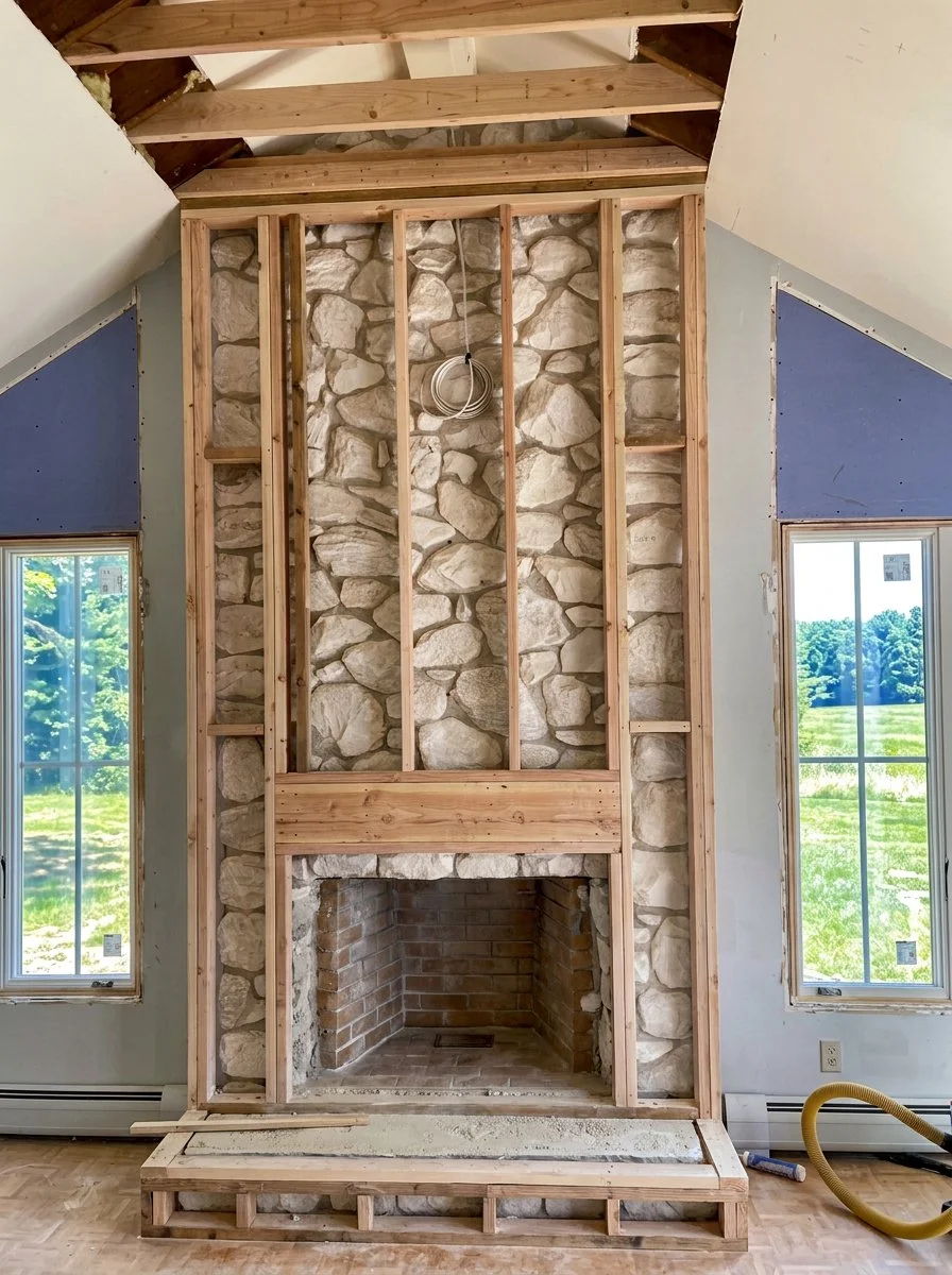 Partially constructed fireplace with stone and brick, surrounded by wooden framing, in a room under renovation with windows showing a green outdoor landscape.