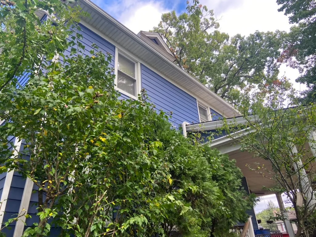 A blue house with white trim, surrounded by trees and foliage, underneath a partly cloudy sky.