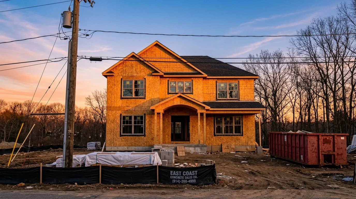A two-story house under construction with its exterior mostly finished, with some windows installed, and construction materials and a container on the ground in front, during sunset with a clear sky and leafless trees in the background.
