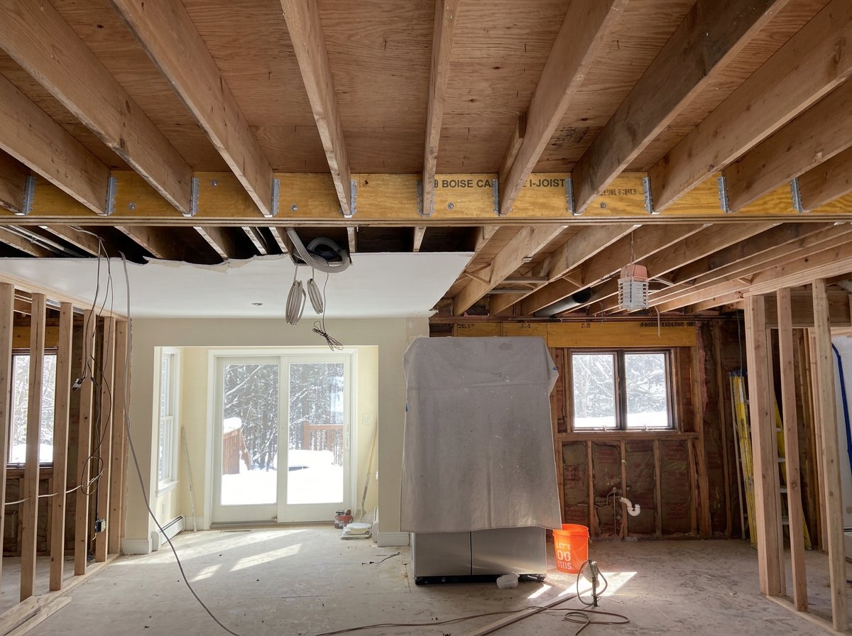Interior of a house under construction with exposed wooden framing, and a large sliding door leading to a snowy outdoor area. Construction materials and equipment are visible, including an orange bucket and covered appliances.