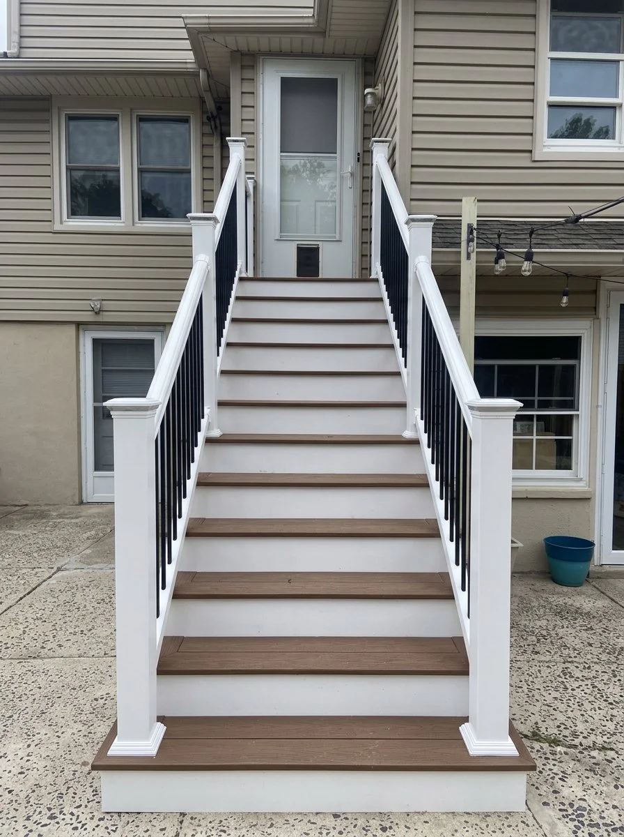 Exterior staircase with white risers and wood-colored treads leading to a door with a screen. The staircase has white posts and black balusters. The house is beige with vinyl siding, and there are windows on either side of the staircase, a blue plant