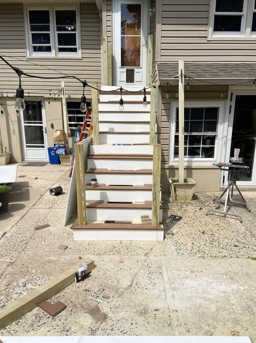 Outdoor staircase under construction attached to a house, with string lights overhead, construction tools, and materials scattered on the ground.