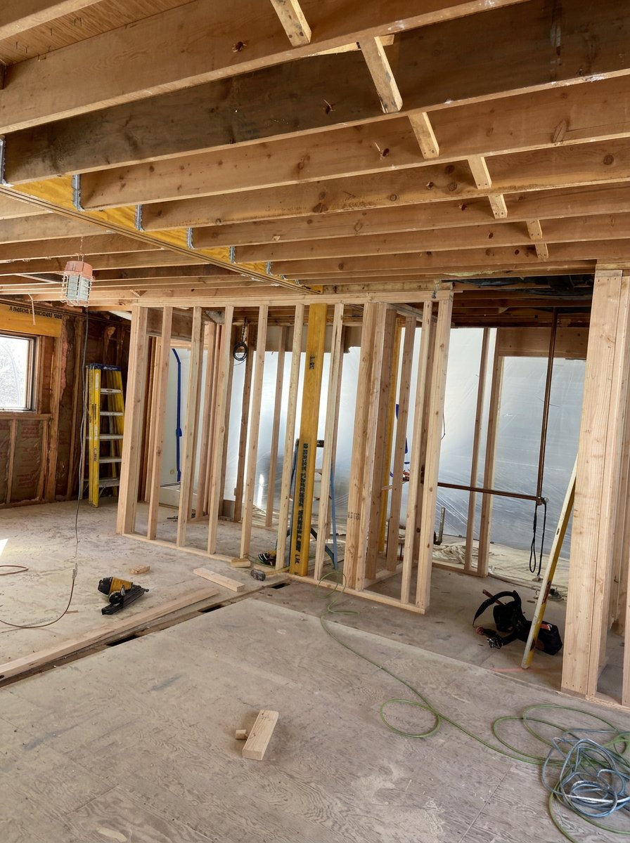 Interior of a house under construction with exposed wooden framing and tools on the floor.