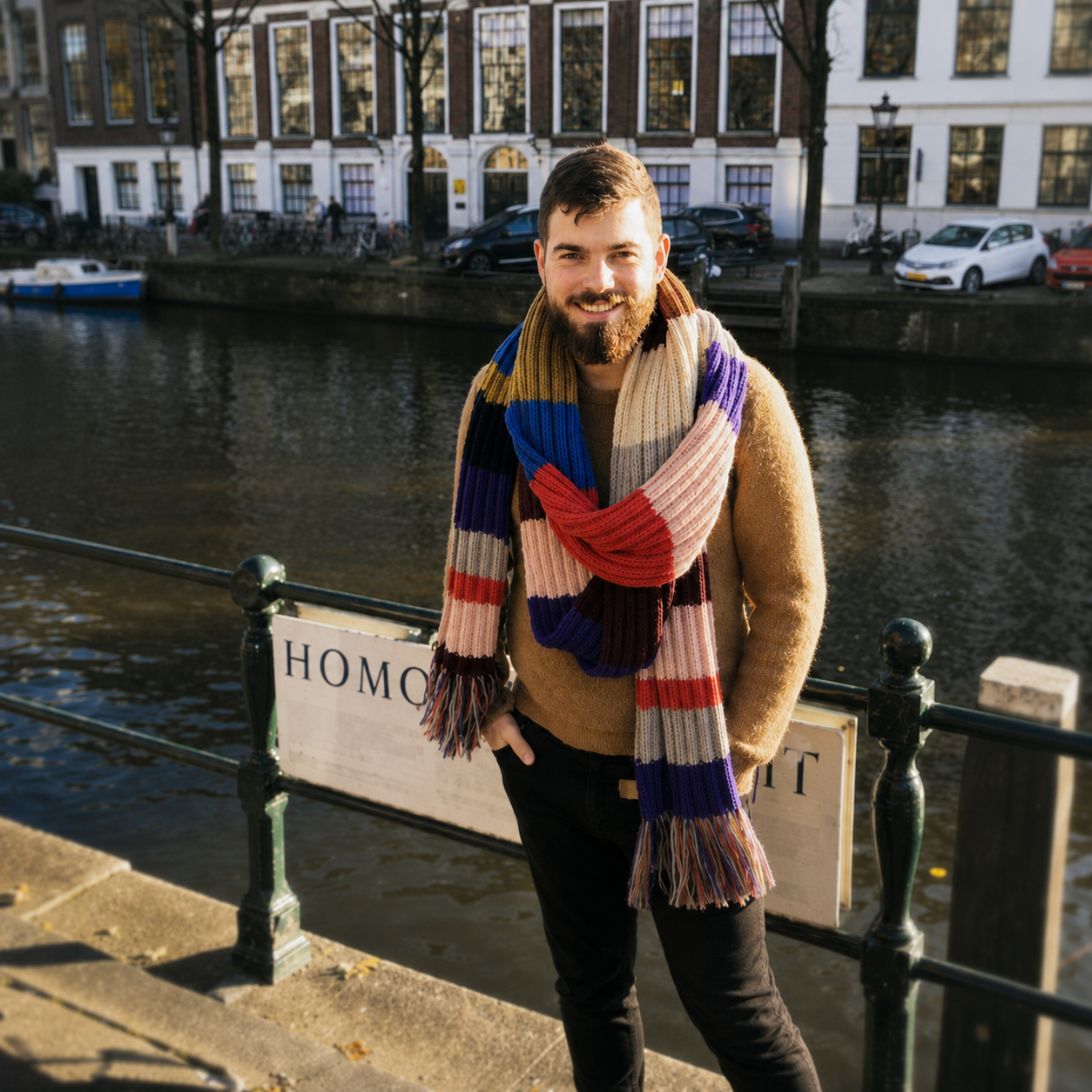 A smiling man with a beard wearing a multicolored striped scarf and a tan sweater standing by a canal with parked cars and buildings in the background.