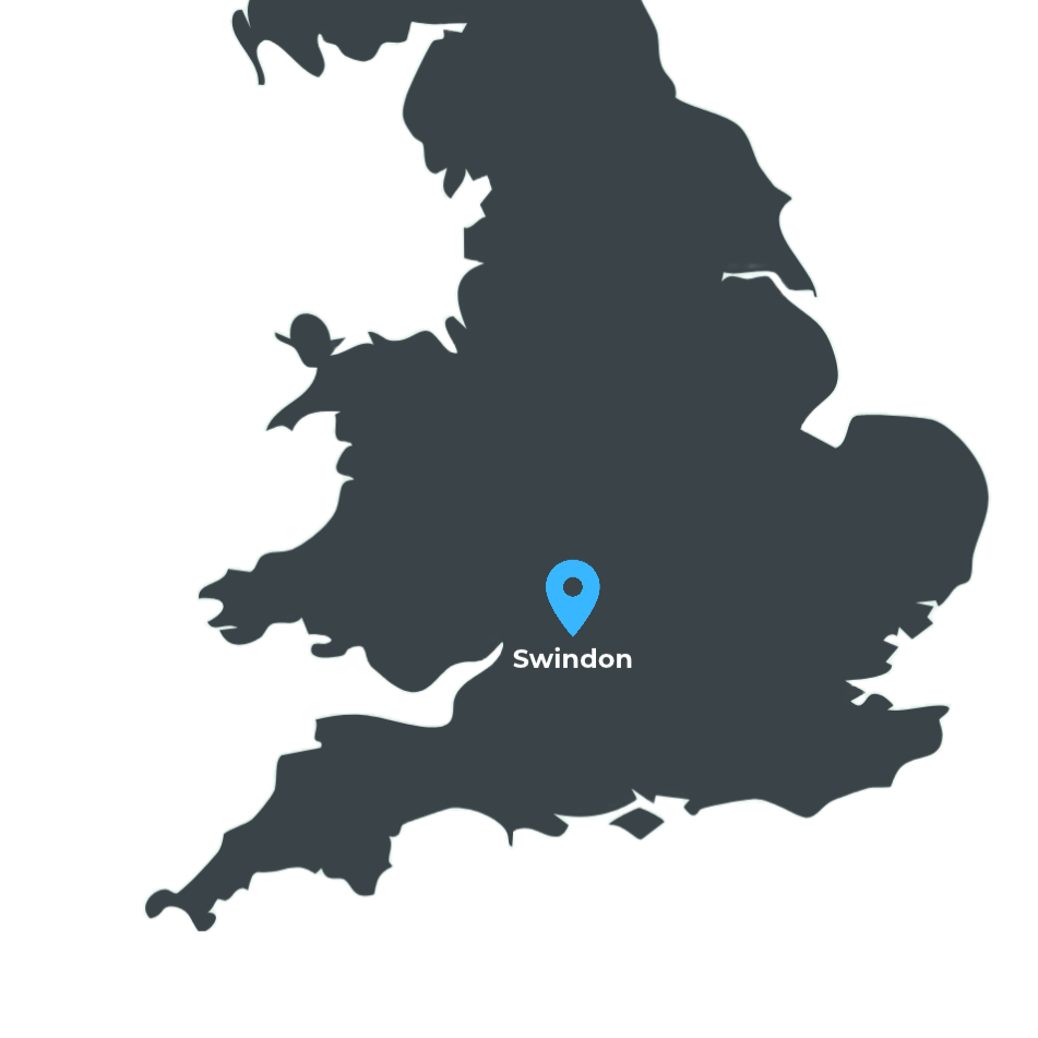 Silhouette map of the United Kingdom with a blue location marker on Swindon.