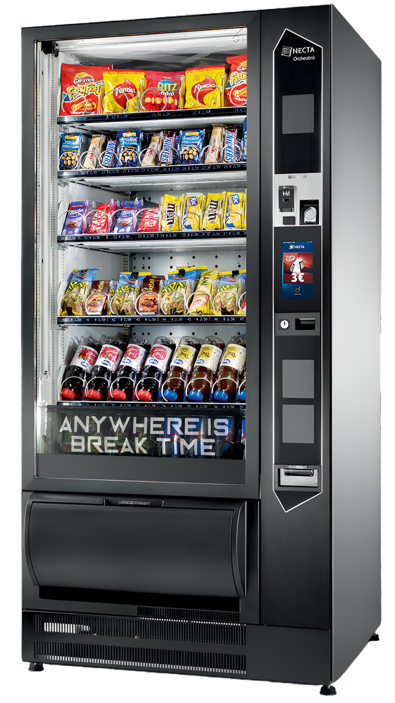 vending machine with snacks and drinks on shelves