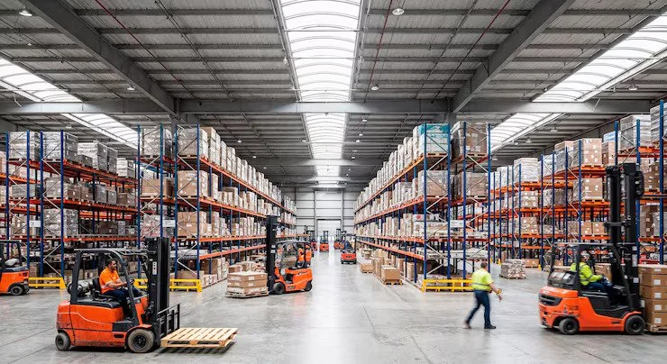 Inside a warehouse with tall shelves filled with boxed goods. Workers operate forklifts and handle packages.