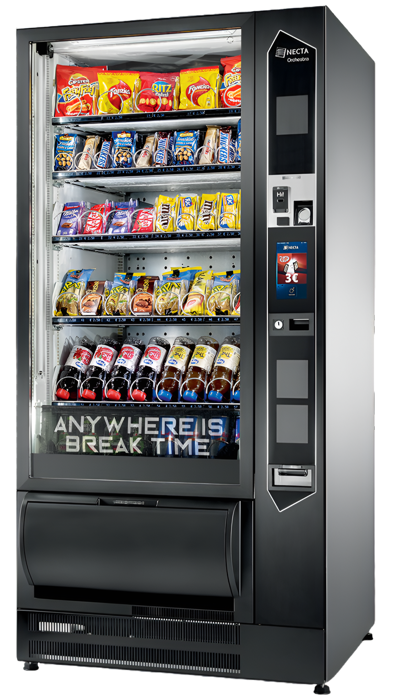 vending machine with snacks and drinks on shelves