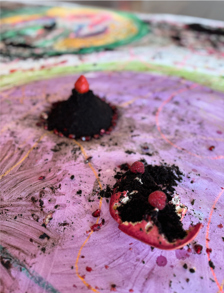 Mixed art mediums including paint, clay, paper, and natural elements used in intermodal expressive arts therapy sessions in Reykjavík