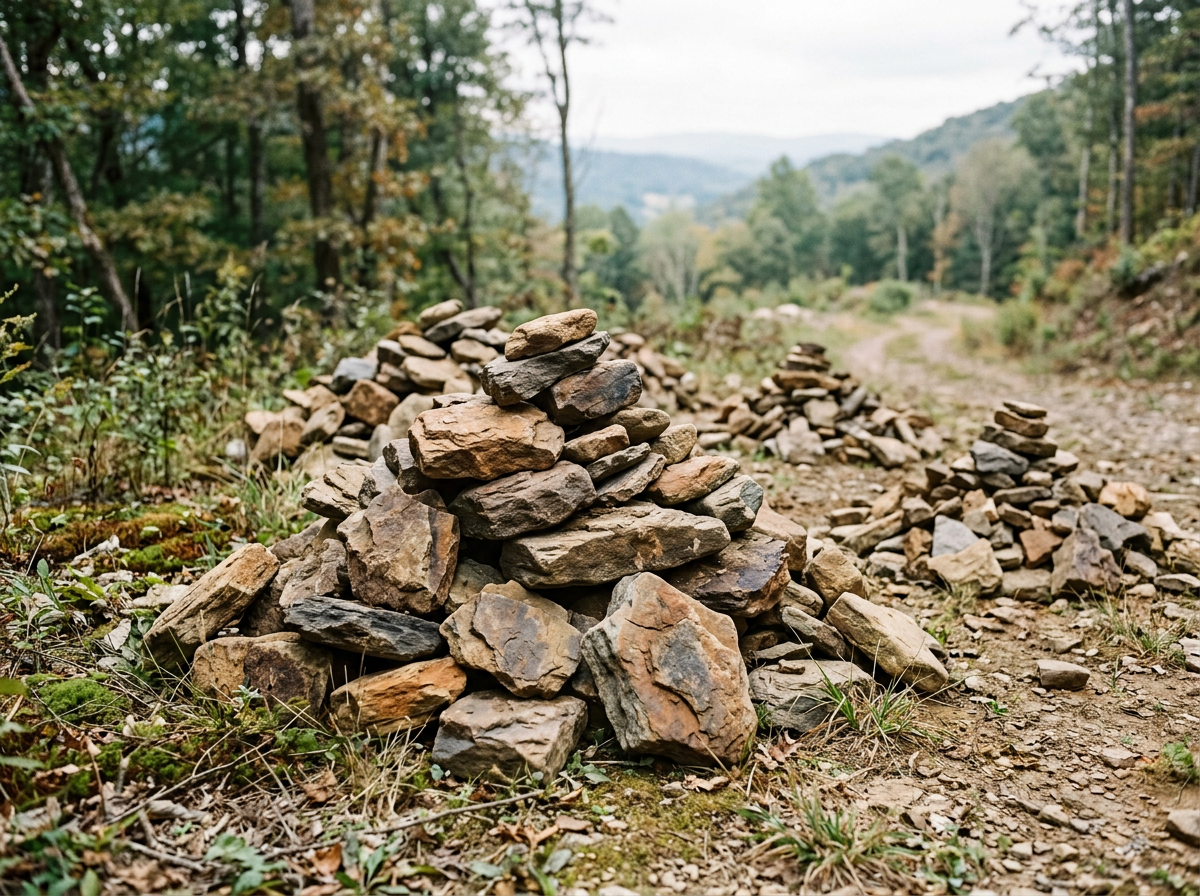 Two stacks of rocks on a dirt path in a wooded area with trees and mountains in the background.