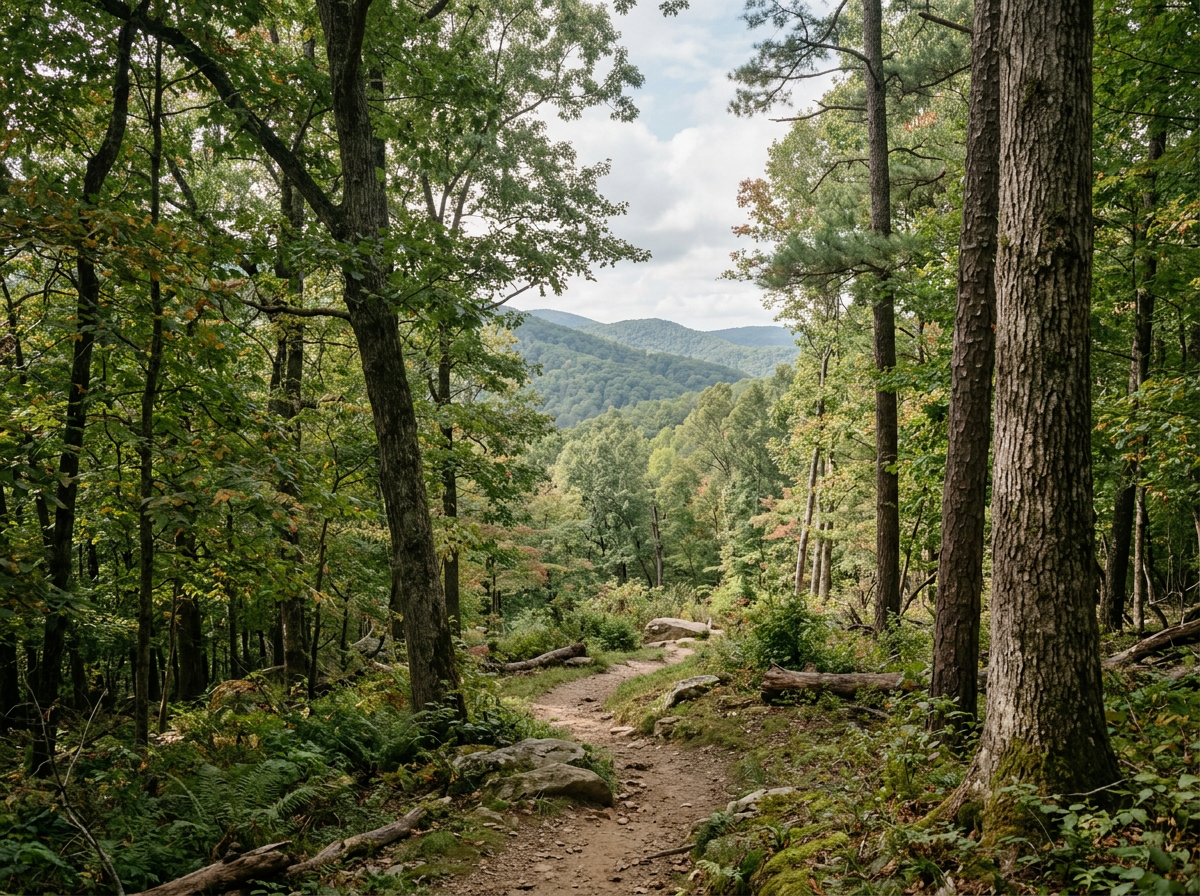 A dirt trail through a dense forest with tall trees and green foliage, overlooking distant hills under a partly cloudy sky.