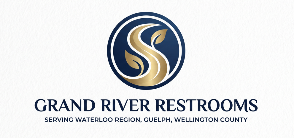Logo for Grand River Restrooms featuring a stylized river and leaves, with text indicating service in Waterloo, Guelph, and Wellington County.