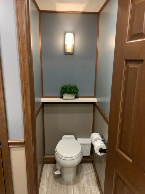 A small, decorated bathroom with a toilet, a green potted plant on a shelf above, a wall-mounted light, and a wooden door to the right.