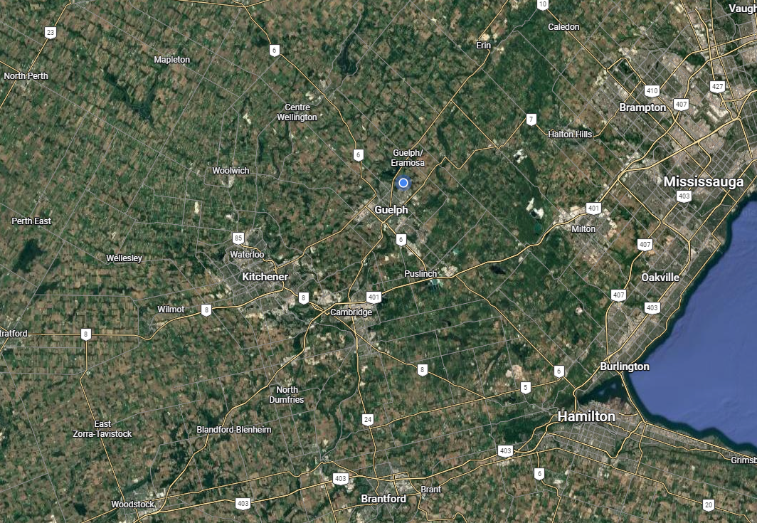 Satellite map showing the city of Guelph and surrounding areas in Ontario, Canada, including nearby cities such as Kitchener, Waterloo, Cambridge, Hamilton, Mississauga, and Toronto.