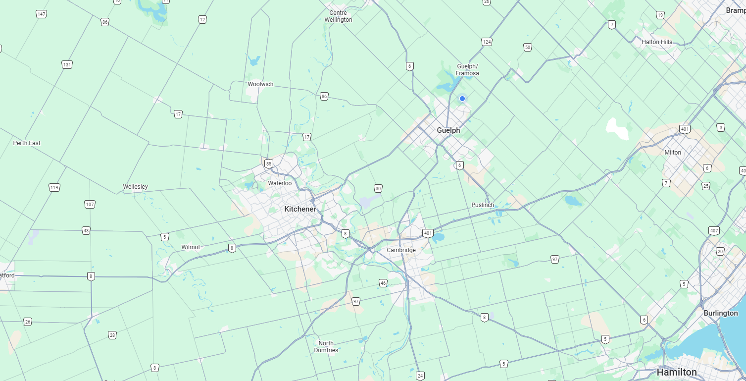 Map showing the area around Guelph, Kitchener, Waterloo, and surrounding cities in Ontario, Canada, including highways and lakes.