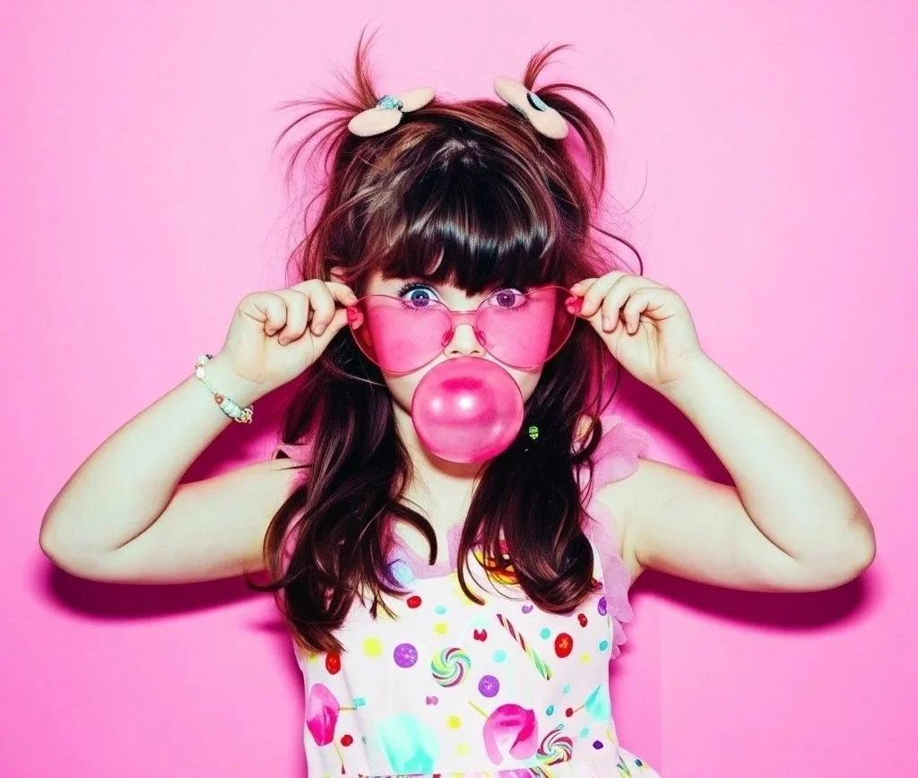 Young girl with brown hair wearing pink sunglasses and blowing a pink bubblegum bubble, holding the sunglasses with both hands, against a pink background.