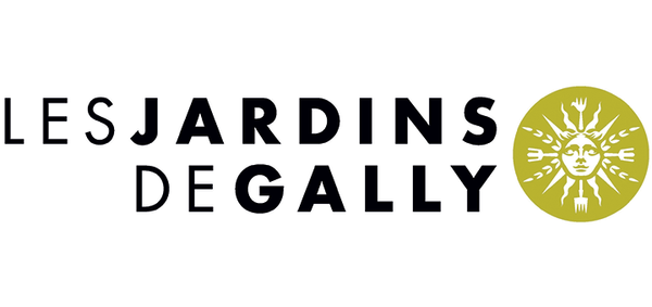 Logo textuel 'Les Jardins de Gally' avec un symbole de soleil stylisé à côté