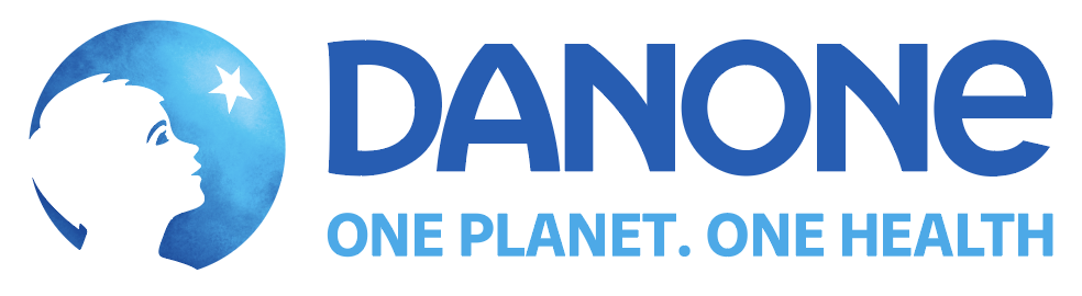Logo de Danone avec un symbole d'une fille regardant une étoile dans un cercle bleu, et le slogan "One Planet. One Health".