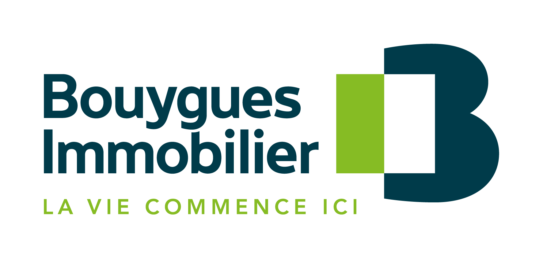 Logo de Bouygues Immobilier avec les mots 'LA VIE COMMENCE ICI' en vert