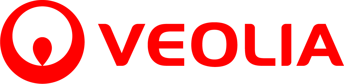 Logo de Veolia en rouge, avec un symbole circulaire stylisé