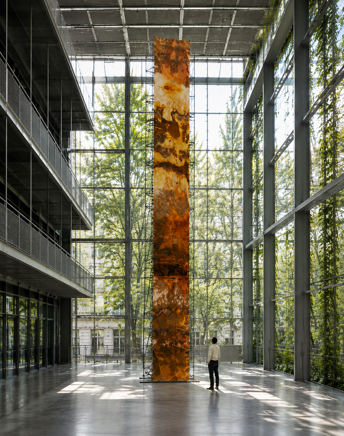 Une sculpture verticale en verre avec des motifs orange et marron dans un bâtiment moderne avec beaucoup de fenêtres et de lumière naturelle, un homme regarde la sculpture.