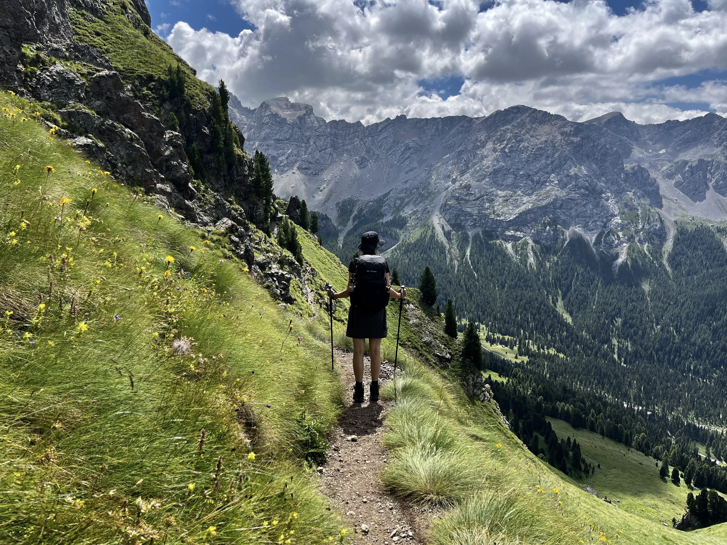 A hiker walking along a narrow mountain trail surrounded by green grass and wildflowers with towering mountains and a cloudy sky in the background.