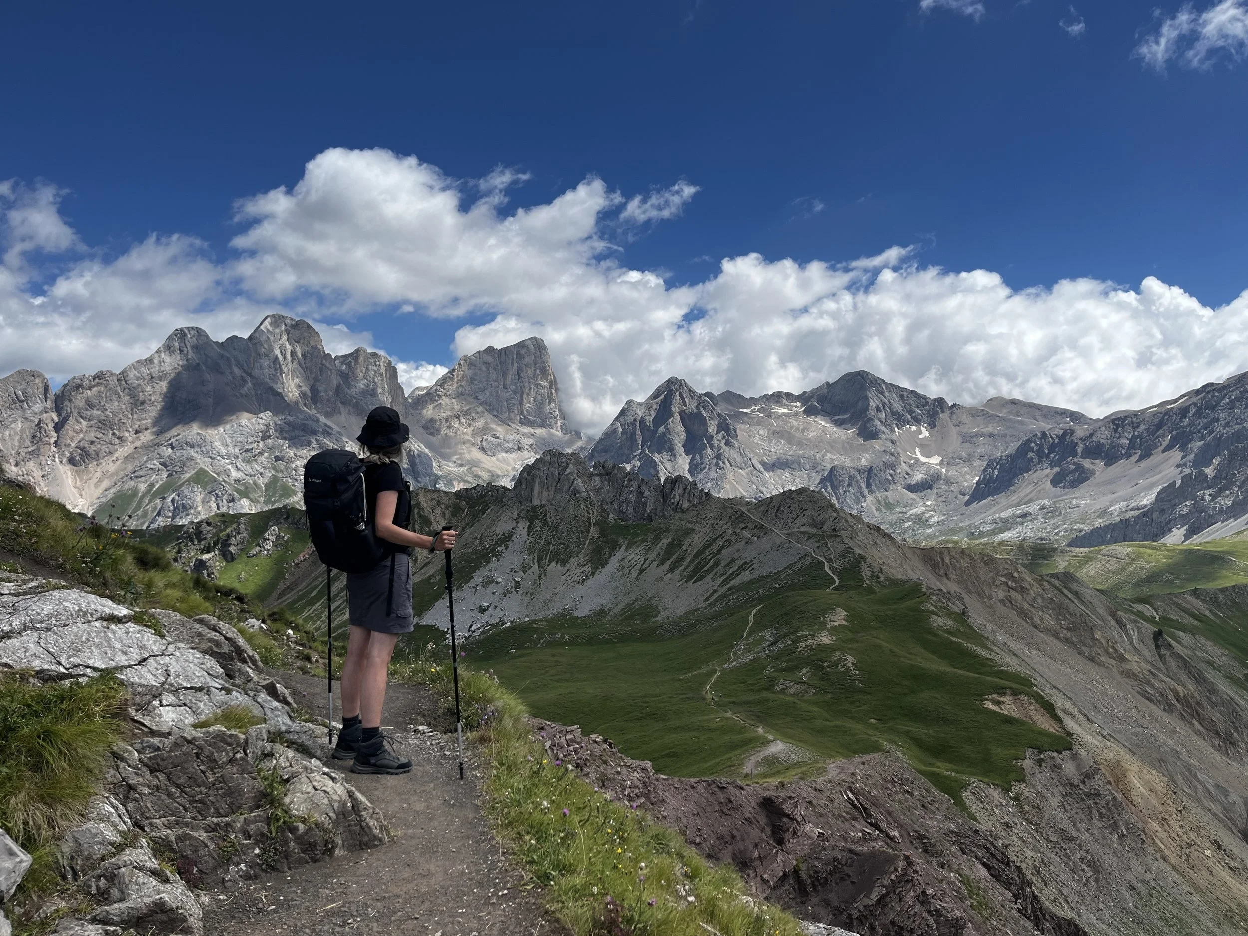 A hiker walking on a trail in the mountains with a backpack and trekking poles, overlooking green hills and rocky mountain peaks under a partly cloudy sky.