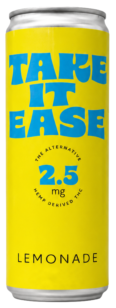 Yellow can of Take It Ease lemonade flavored beverage with blue bold text, indicating 2.5 milligrams of hemp-derived THC.