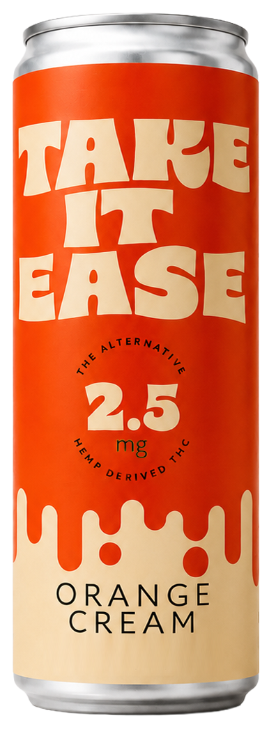 A can of 'Take It Easy' Orange Cream hemp-derived THC beverage with 2.5 mg THC, featuring a red and cream-colored design with bold lettering.