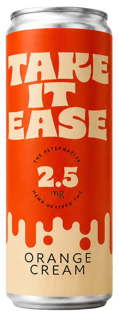 Canned drink with orange and cream-colored design, labeled "Take It Easy," indicating 2.5 mg hemp-derived THC, flavor is orange cream.
