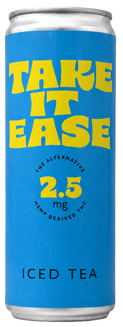 Blue aluminum can of Take It Eased iced tea with yellow and black text, indicating it is a hemp-derived THC beverage with 2.5 mg of THC.