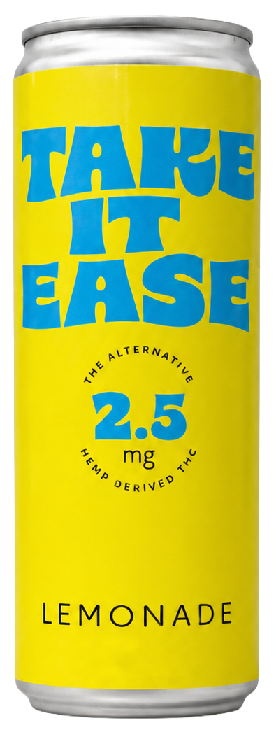 A yellow can of Take It Eaze Lemonade with blue and black text indicating 2.5 mg hemp-derived THC, a cannabis alternative.