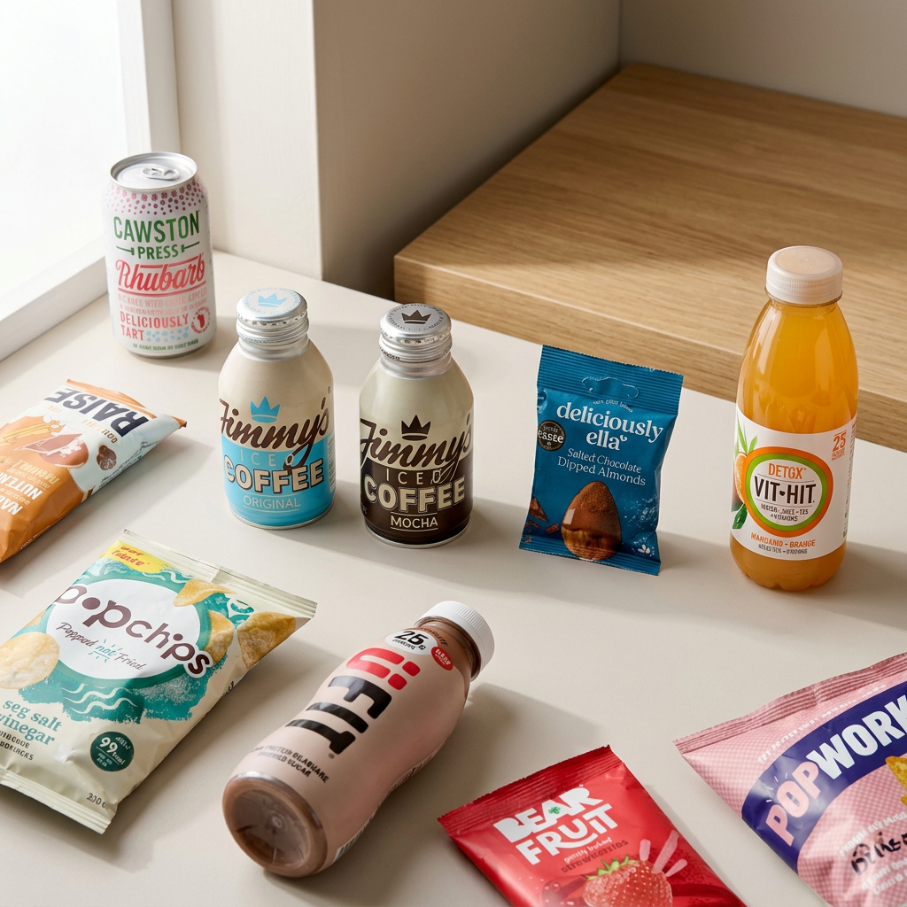 An assortment of snacks and beverages on a white table near a window, including cans of Jimmy's ice coffee, a bottle vithit, a bag of salt and vinegar popchips, a packet of dipped almonds, and a bottle of juice burst orange juice.