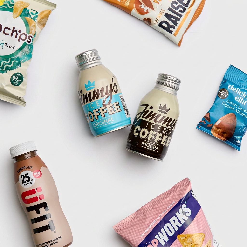 Assorted snack and beverage products on a white surface, including two Jimmy's Ice Coffee bottles, a UFit protein drink, a bag of popchips.