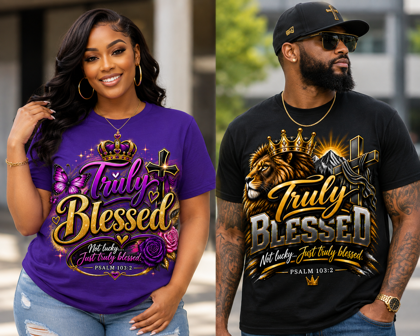 Two people wearing black and purple T-shirts with religious messages and royal-themed graphics, standing outdoors.