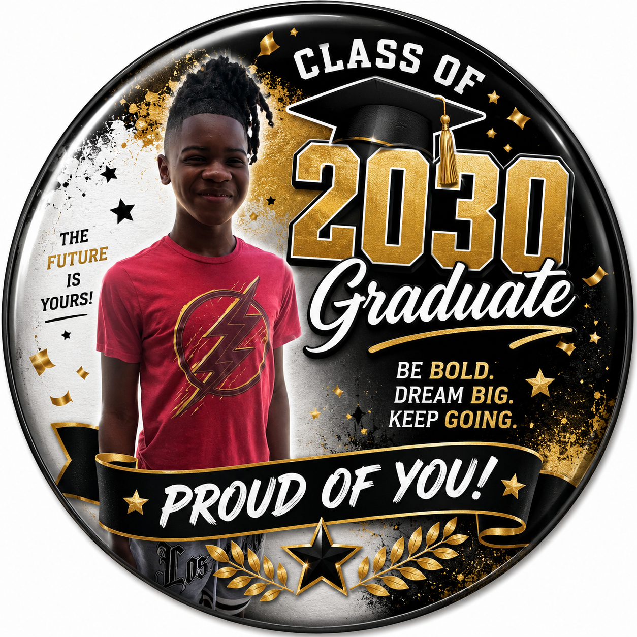 A young male graduate in a red t-shirt with a lightning bolt emblem poses in front of a graduation-themed design. The design features text: "Class of 2030 Graduate" with a black graduation cap, gold accents, stars, and celebratory elements. The messa