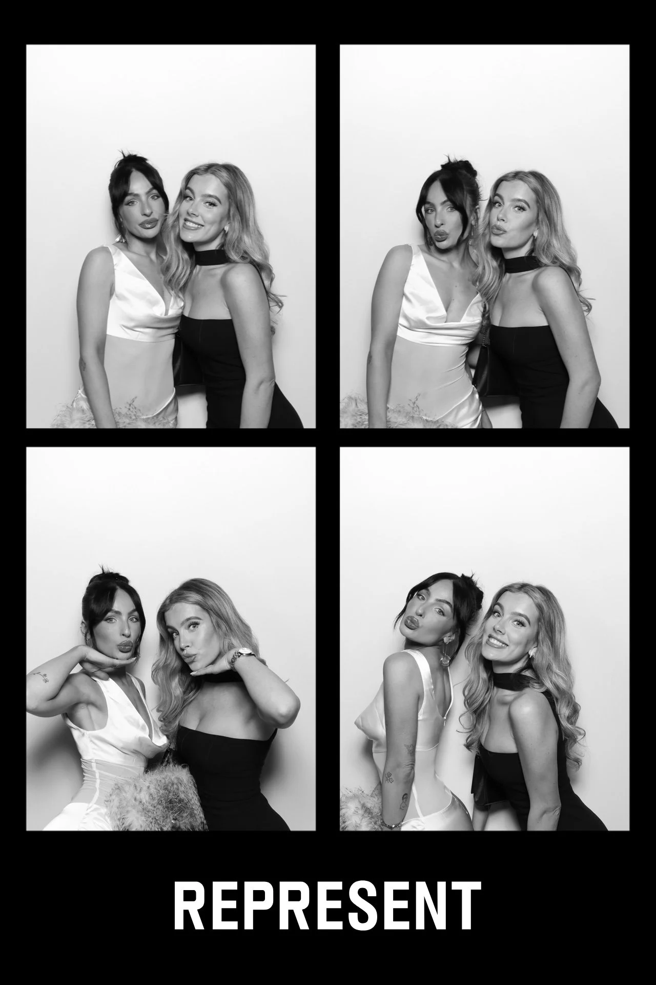 Four black-and-white photo booth strips showing two women in different poses and expressions. The women are wearing dresses and appear to be enjoying themselves at an event, with playful and friendly gestures. The bottom strip contains the word 'REPRESENT' in bold capital letters.