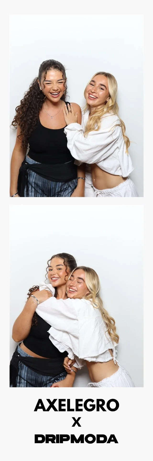 Two young women smiling and hugging against a plain white background, with the caption "AXELGRO x DRIPMODA" at the bottom.