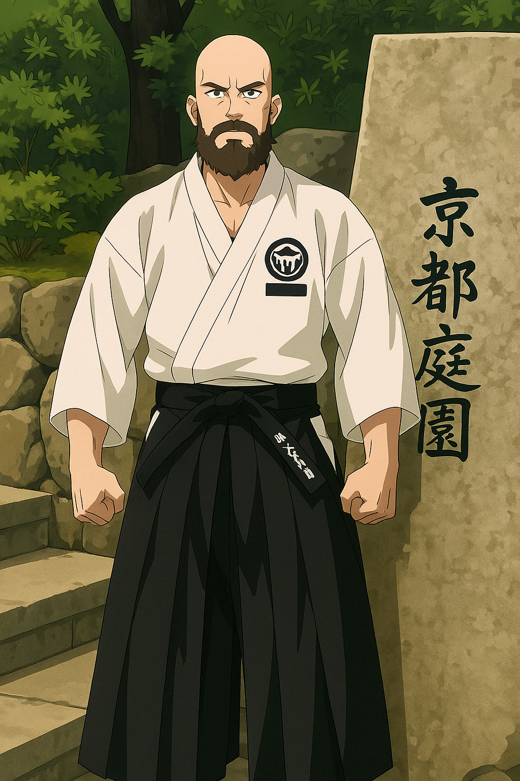A man with a bald head and a beard wearing a martial arts uniform and black belt, standing with clenched fists outdoors near rocks and greenery, with Japanese characters on a stone behind him.