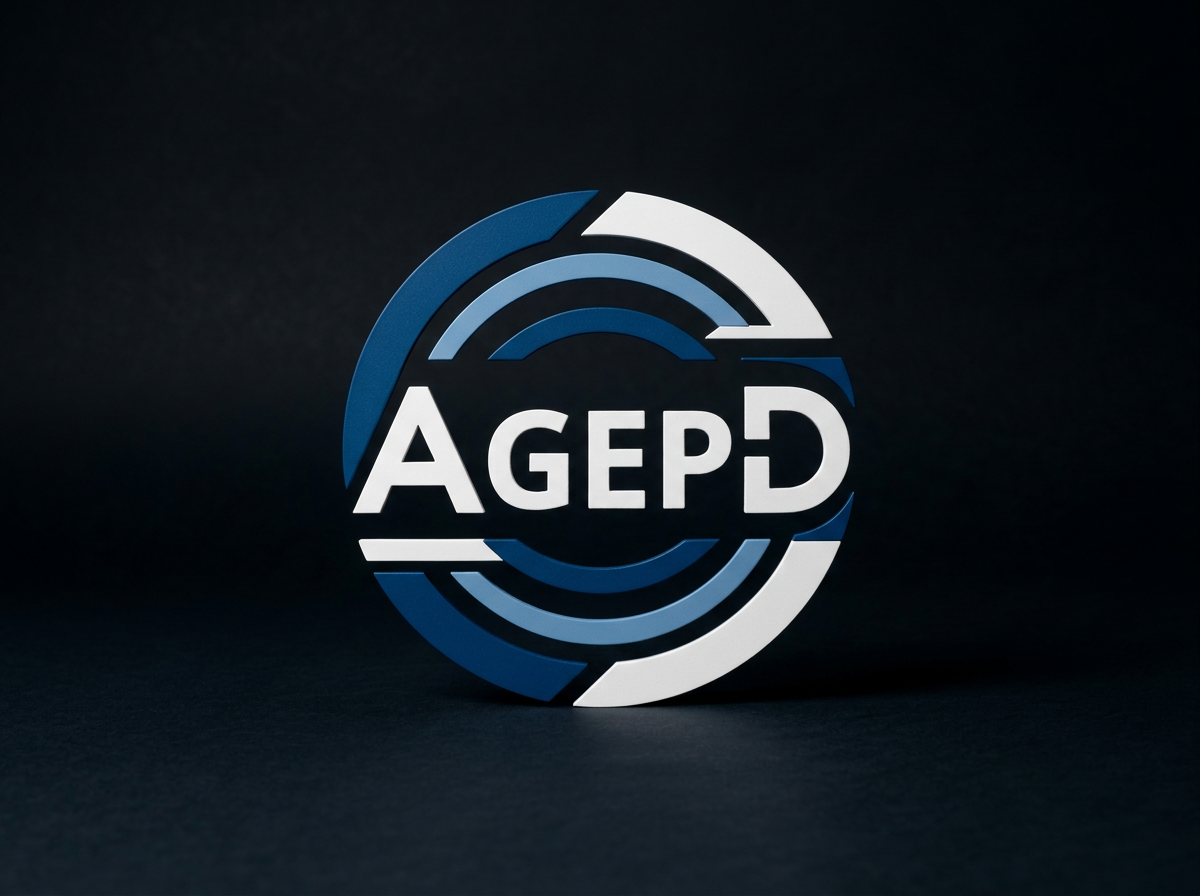 Logotipo azul, branco e preto com o texto 'AGEPD' em destaque, em fundo preto.
