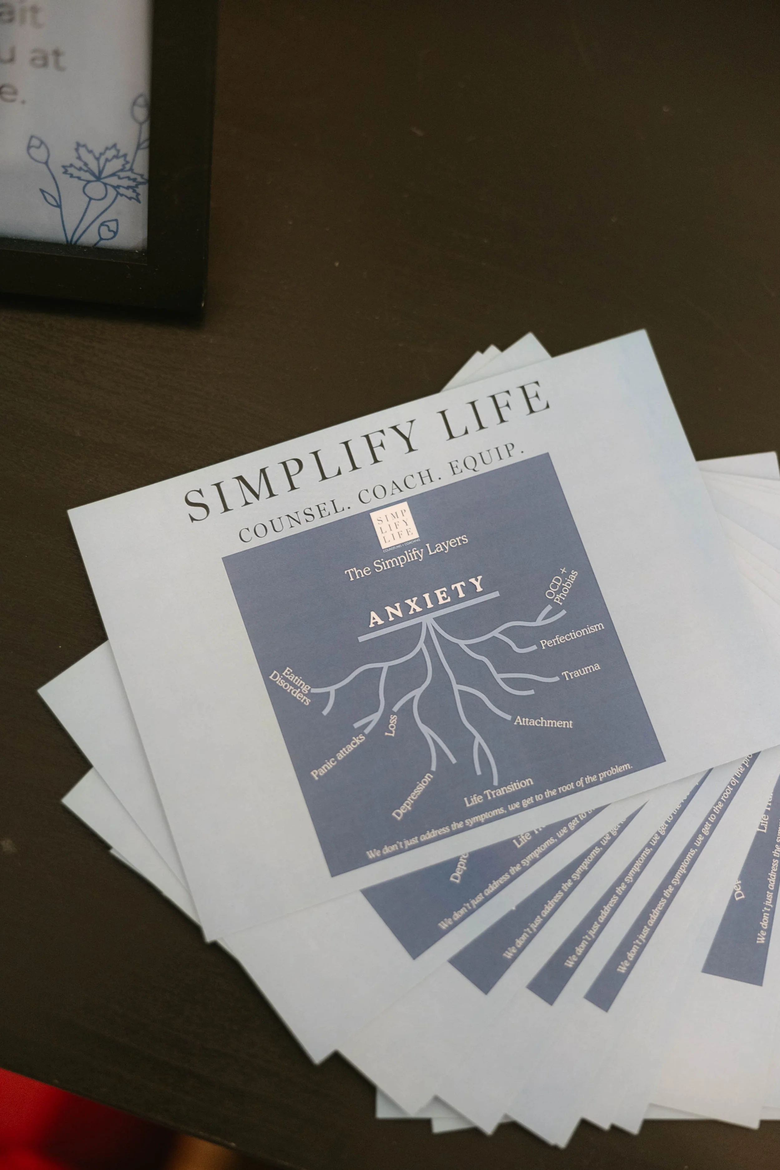 A printout titled "Simplify Life" focusing on anxiety, showing a diagram of common related issues like OCD, phobias, perfectionism, trauma, attachment, life transition, depression, panic attacks, eating disorders, and loss.